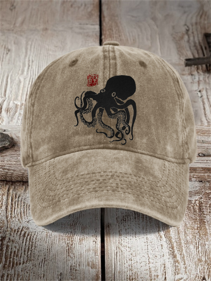 Octopus Japanese Lino Art Washed Cap - Black