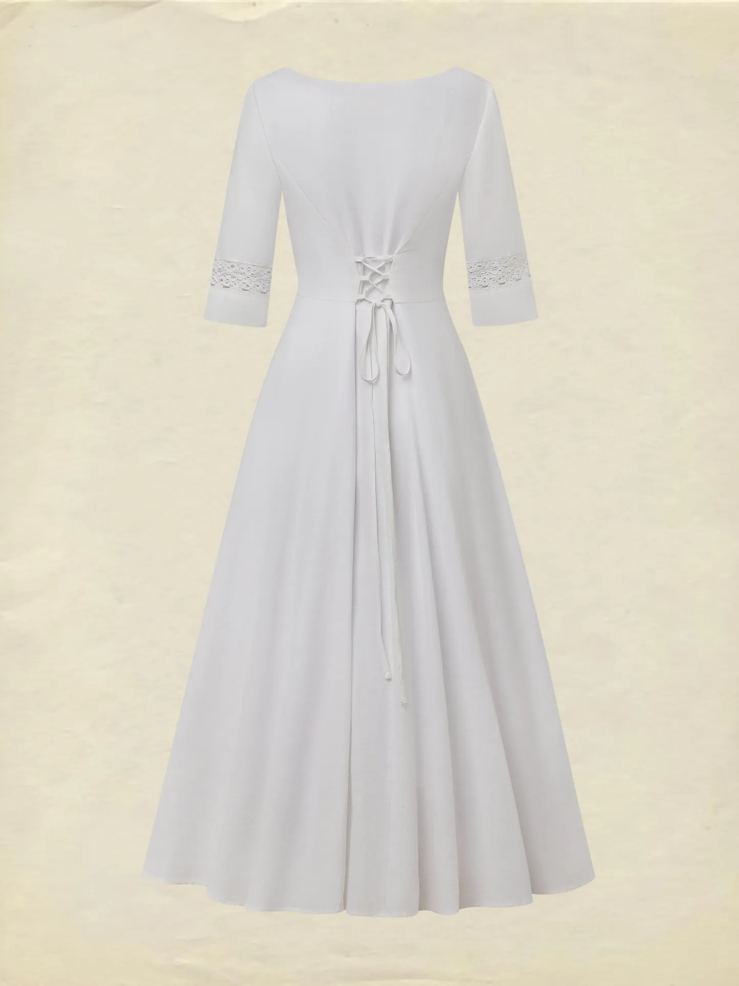 Midi Cotton Dress, Half Sleeve, Round Neck, Plain, Lace, Vacation, Vintage, White - White