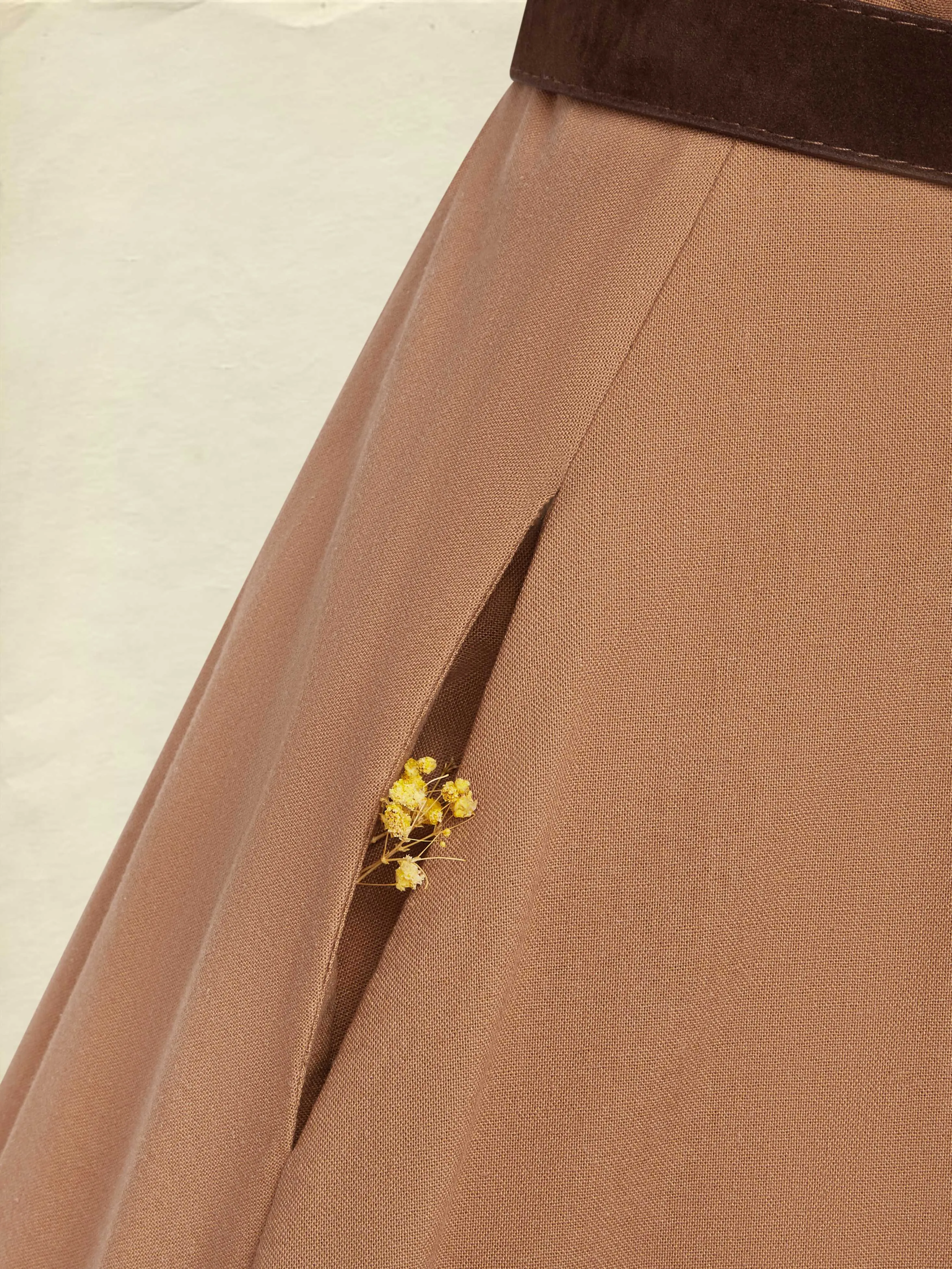Maxi Linen Dress Set & Shirt, Long Sleeves, Shawl Collar, Plain, Button Design, French Vintage, Light Brown - Light Brown