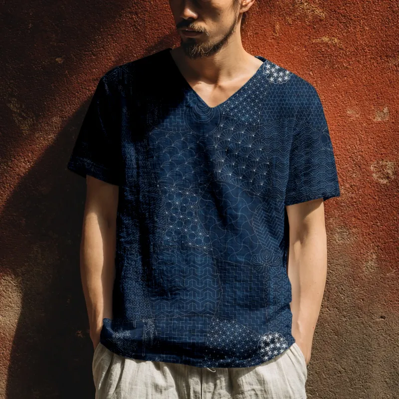 Men's Japanese Traditional Sashiko Art Linen T Shirt - Black