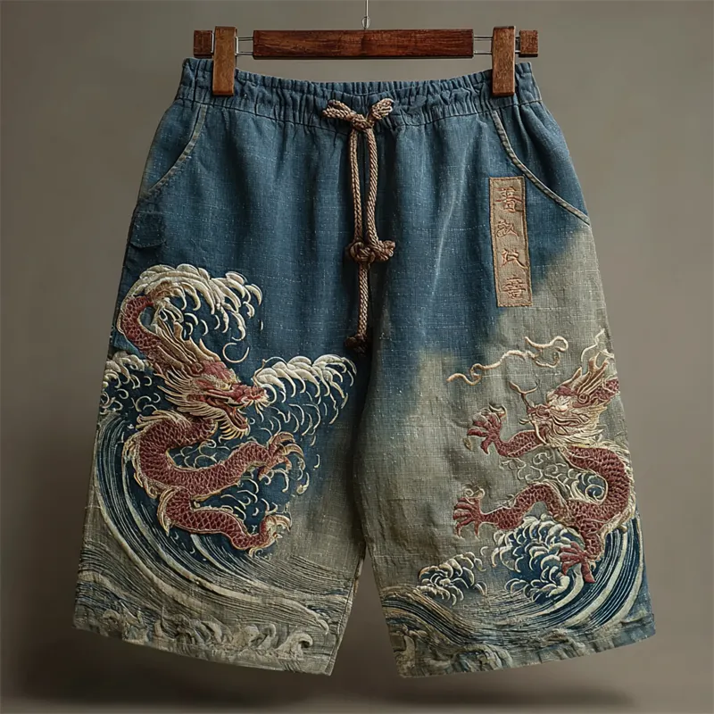 Japanese Dragons Sea Waves Embroidered Dyed Linen Shorts - Blue