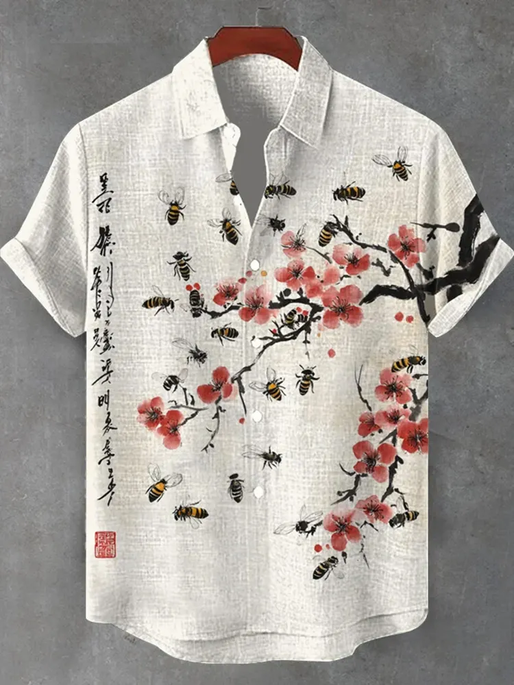 Men's A Bunch Of Bees Surround A Red Plum Blossom Art Print Short Sleeve Shirt - White