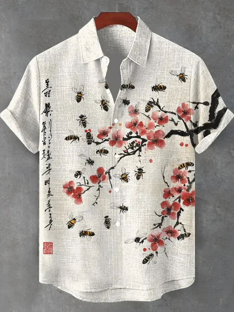 Men's A Bunch Of Bees Surround A Red Plum Blossom Art Print Short Sleeve Shirt - White