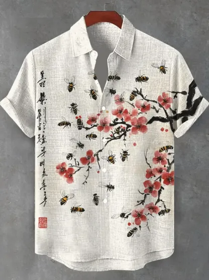 Men's A Bunch Of Bees Surround A Red Plum Blossom Art Print Short Sleeve Shirt - White