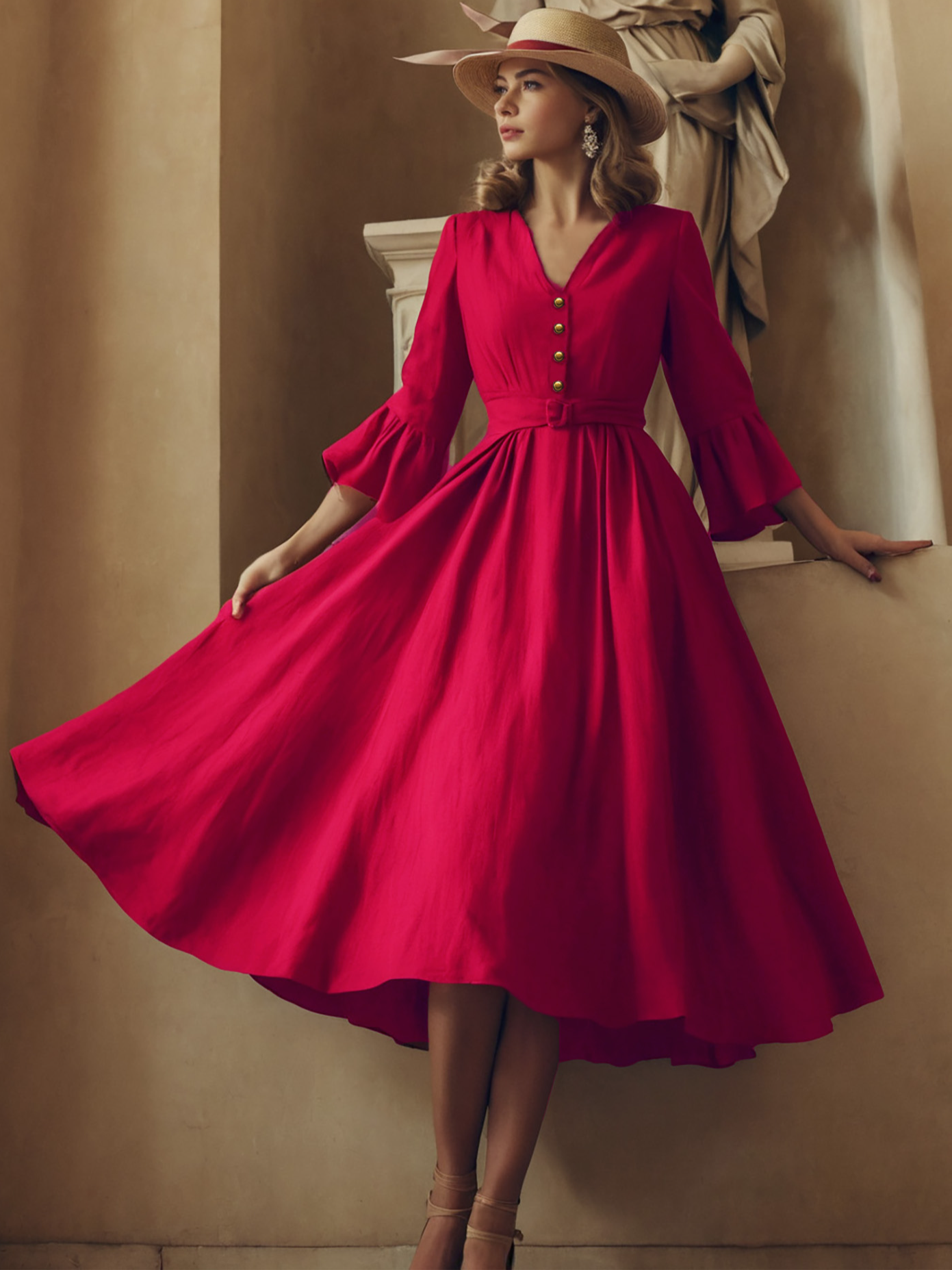 Linen Maxi Dress, 3/4 Sleeve, V Neck, Jane-Inspired Vintage, Tea Party, Linen Blend, Red, Belt - Red