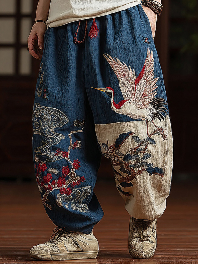 Men's Japanese Red-crowned Crane Art Contrast Wide Leg Linen Pants - Navy blue
