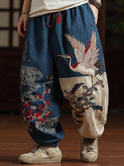 Men's Japanese Red-crowned Crane Art Contrast Wide Leg Linen Pants - Navy blue
