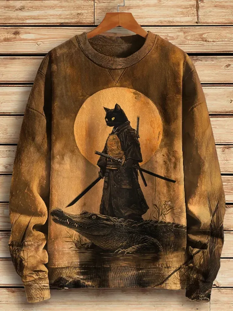 Men's Samurai Cat And Crocodile Surreal Art Print Casual Sweatshirt - Khaki
