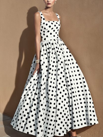 Maxi Cotton Dress , Sleeveless, Square Neck, Polka Dots, Suspenders, Vintage, White - White