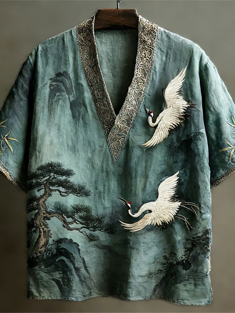 Japanese Crane Landscape Painting Art Linen V-neck Shirt - Blue