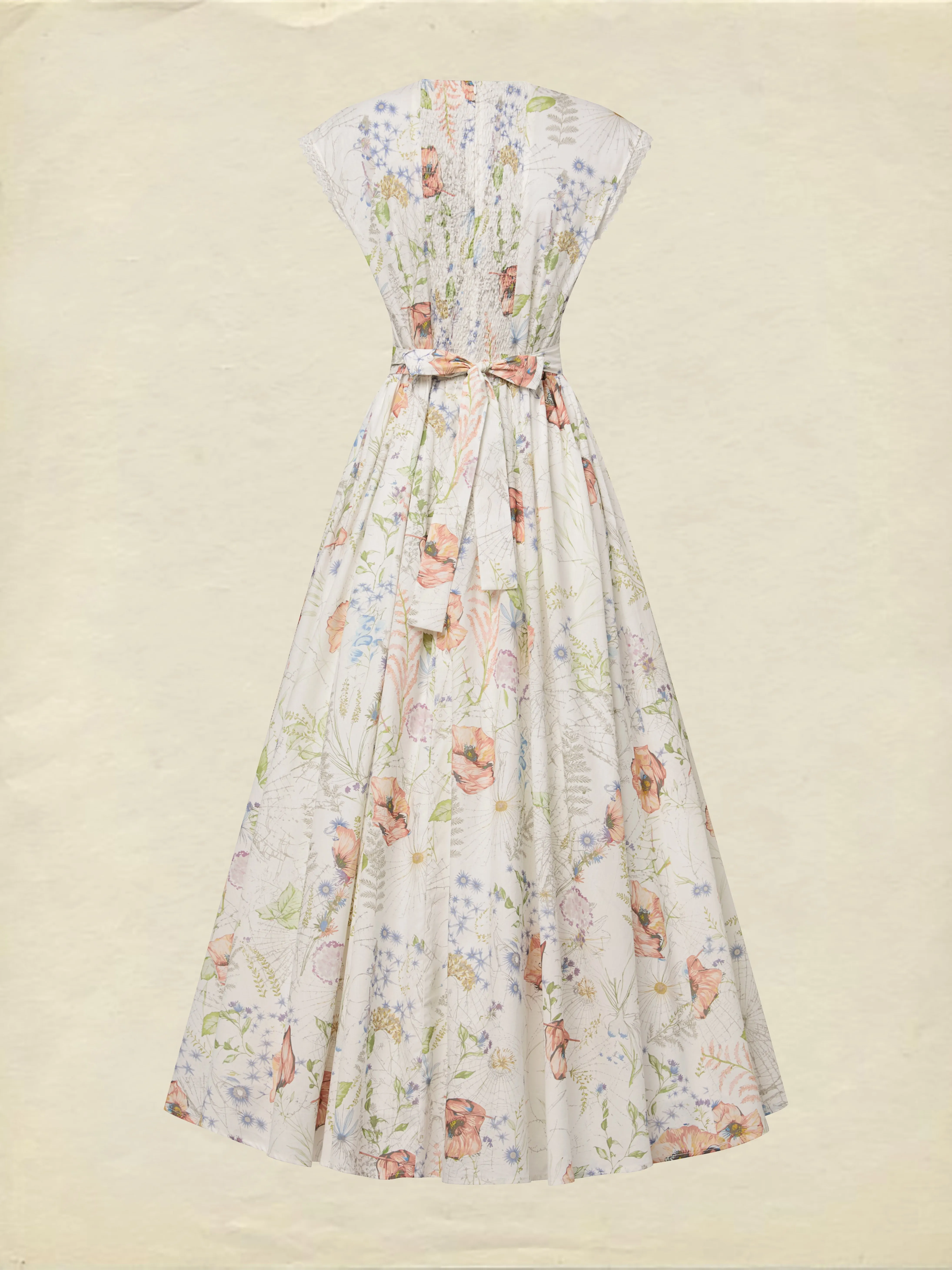 Maxi Cotton Dress, Cap Sleeves, V Neck, Floral, Lace, Vintage, Red - Red