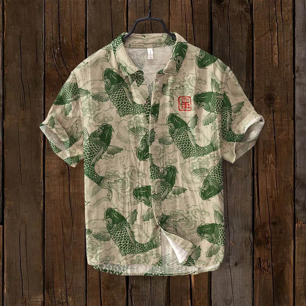 Vintage Fish Japanese Art Linen Blend Comfy Shirt - Red