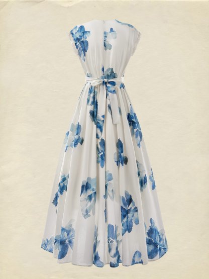 (SIZE:XS-XXL)Linen Maxi Dress, Sleeveless, V neck, Floral, Vintage, White - White