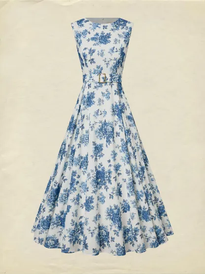 Maxi Linen Dress , Sleeveless, Round Neck, Floral, Belt Design, Vacation, Vintage, Blue - Blue