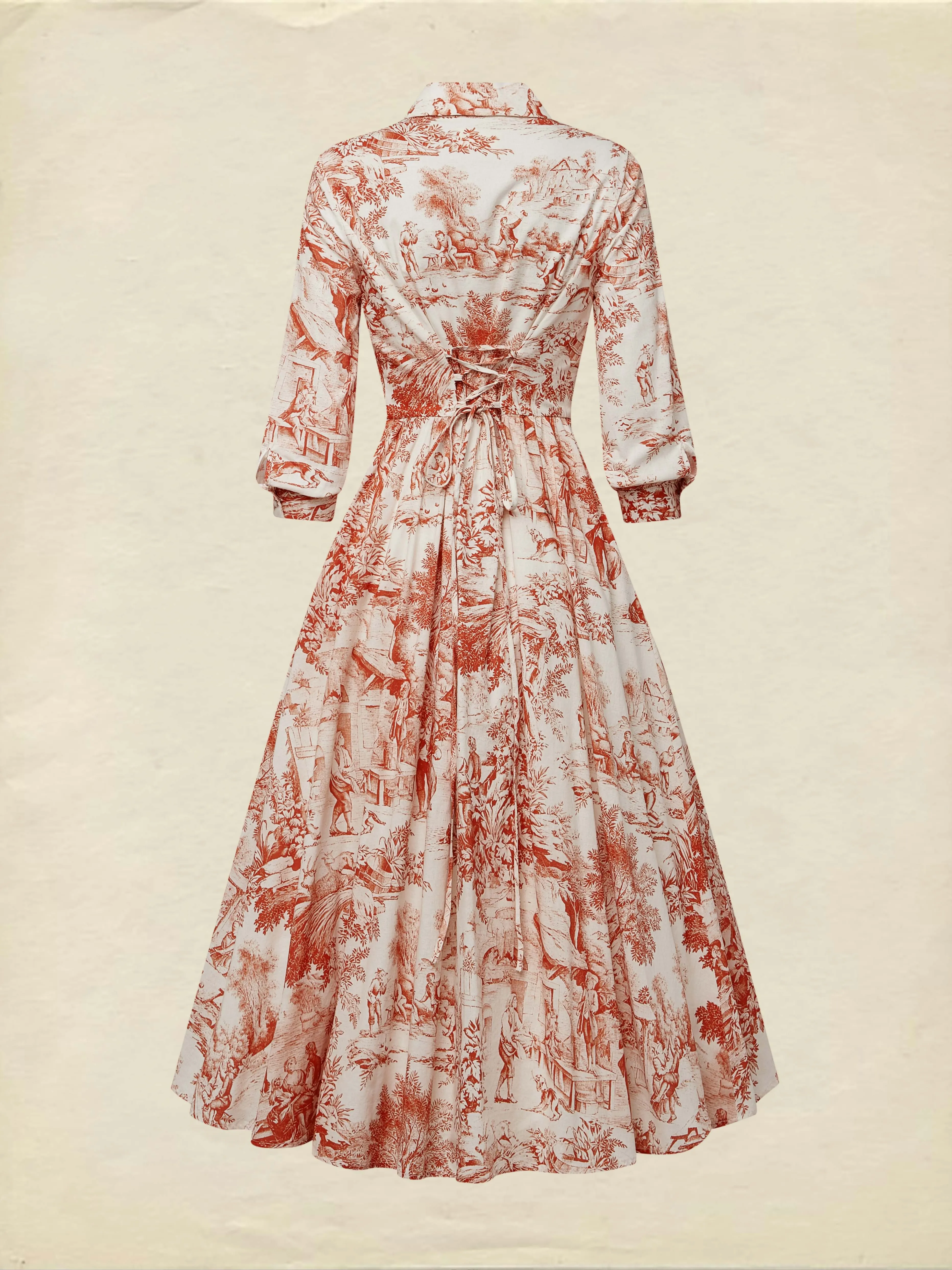 Maxi Linen Dress, Half Sleeve, Shawl Collar, Floral, Button Design, French Vintage, White - White