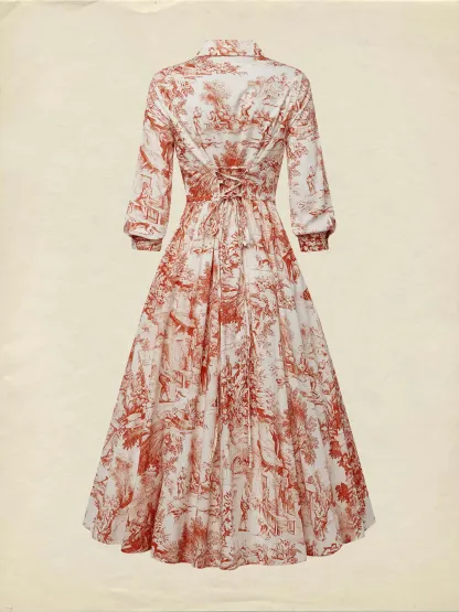 Maxi Linen Dress, Half Sleeve, Shawl Collar, Floral, Button Design, French Vintage, White - White