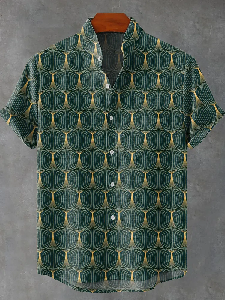 Men's Retro Geometric Line Decorative Pattern Art Print Cotton And Linen Shirt - Multicolor