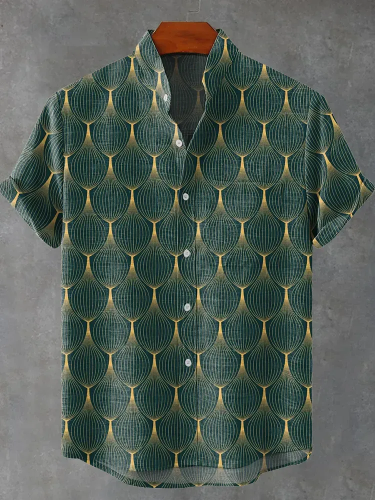 Men's Retro Geometric Line Decorative Pattern Art Print Cotton And Linen Shirt - Multicolor