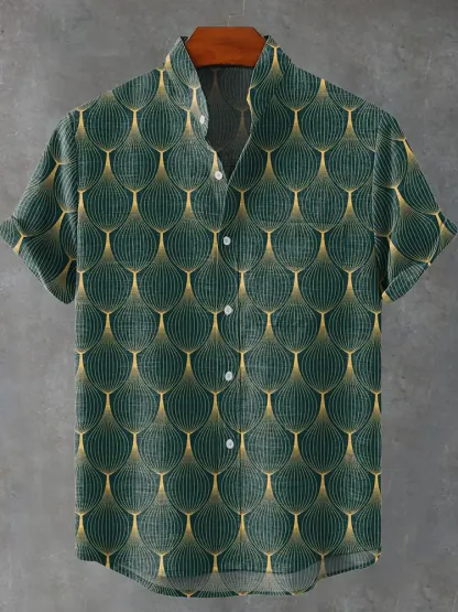 Men's Retro Geometric Line Decorative Pattern Art Print Cotton And Linen Shirt - Multicolor