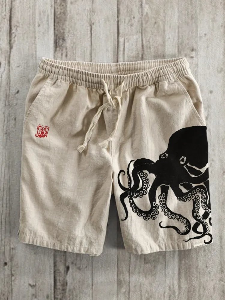 Octopus Japanese Lino Art Linen Blend Shorts - Black