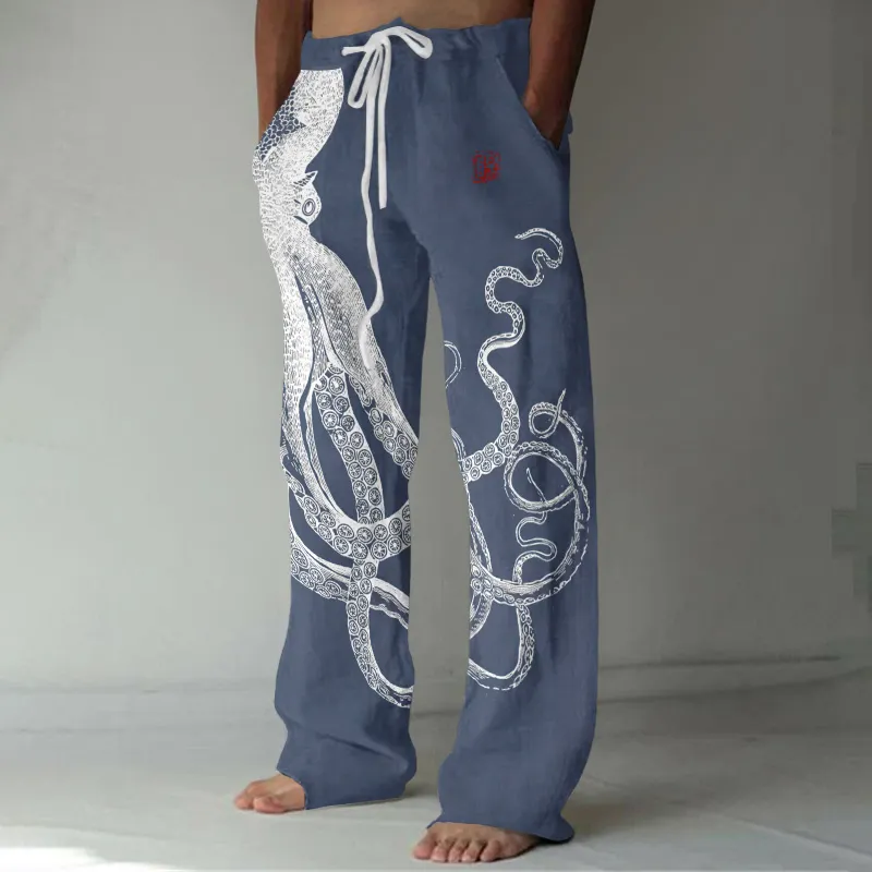 Japanese Art Octopus And Crab Print Casual Linen Blend Pants - Black