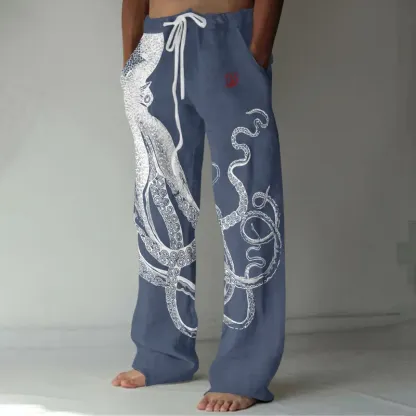 Japanese Art Octopus And Crab Print Casual Linen Blend Pants - Black