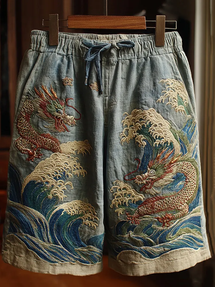 Men's Japanese Dragon Art Contrast Linen Short Pants - Blue