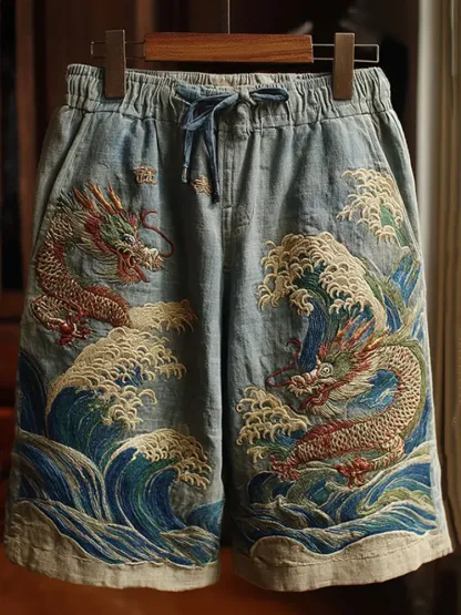 Men's Japanese Dragon Art Contrast Linen Short Pants - Blue