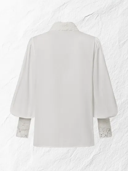 Linen Shirt, Long Sleeves, Stand Collar, Plain, Lace, Vintage, Ivory - Ivory