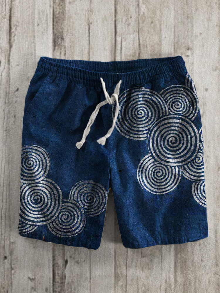 Sea Waves Ripples Japanese Lino Art Linen Blend Shorts - Black