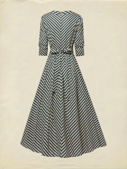 Maxi Cotton Dress, Half Sleeve, V Neck, Striped, French Vintage, Blue - Blue