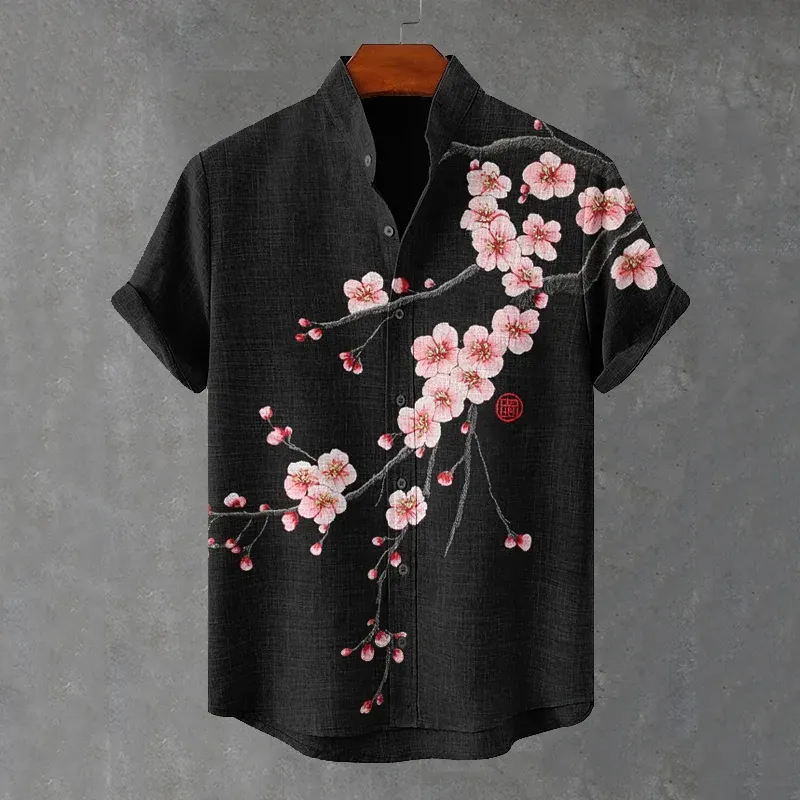 Men's Cherry Blossom Print Short Sleeve Shirt - Black