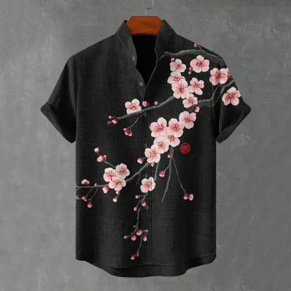 Men's Cherry Blossom Print Short Sleeve Shirt - Black