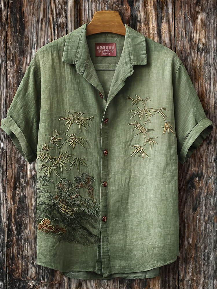 Japanese Bamboo Landscape Embroidered Linen Shirt - Green