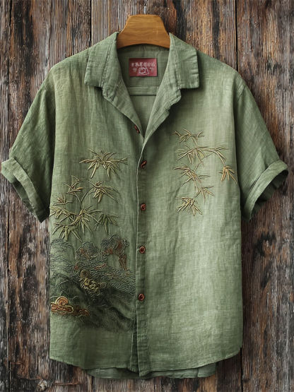 Japanese Bamboo Landscape Embroidered Linen Shirt - Green
