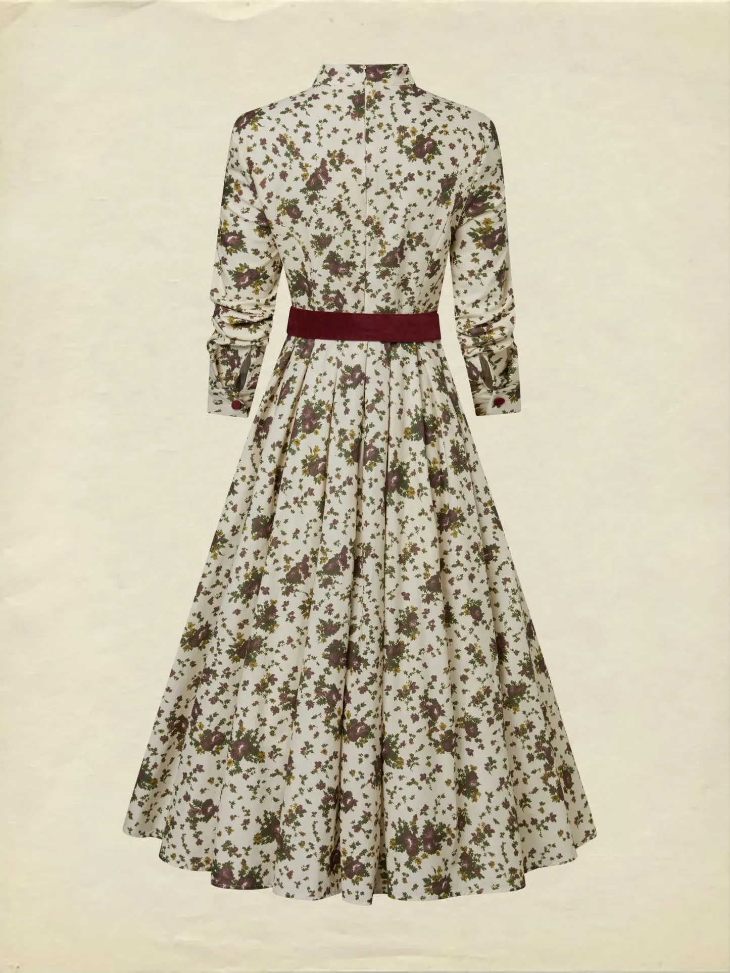 Midi Linen Dress, Long Sleeves, Shawl Collar, Floral, Belt Design, Vintage, Apricot - Apricot
