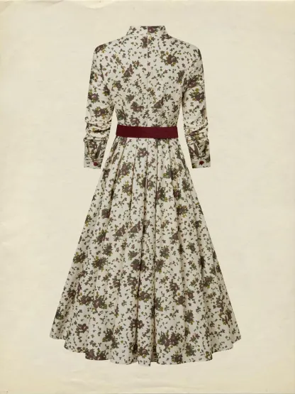 Midi Linen Dress, Long Sleeves, Shawl Collar, Floral, Belt Design, Vintage, Apricot - Apricot