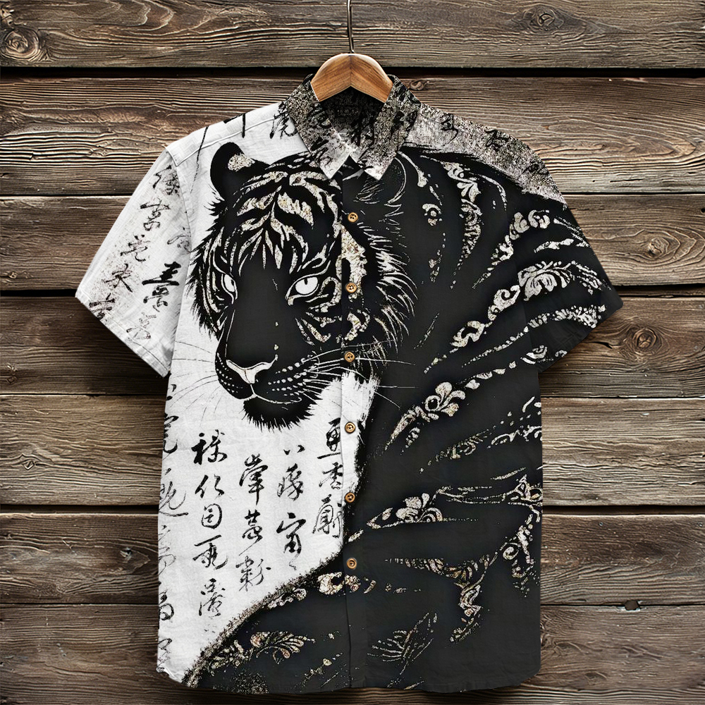Japanese Tiger Calligraphy Art Vintage Linen Shirt - Black white