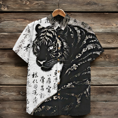 Japanese Tiger Calligraphy Art Vintage Linen Shirt - Black white