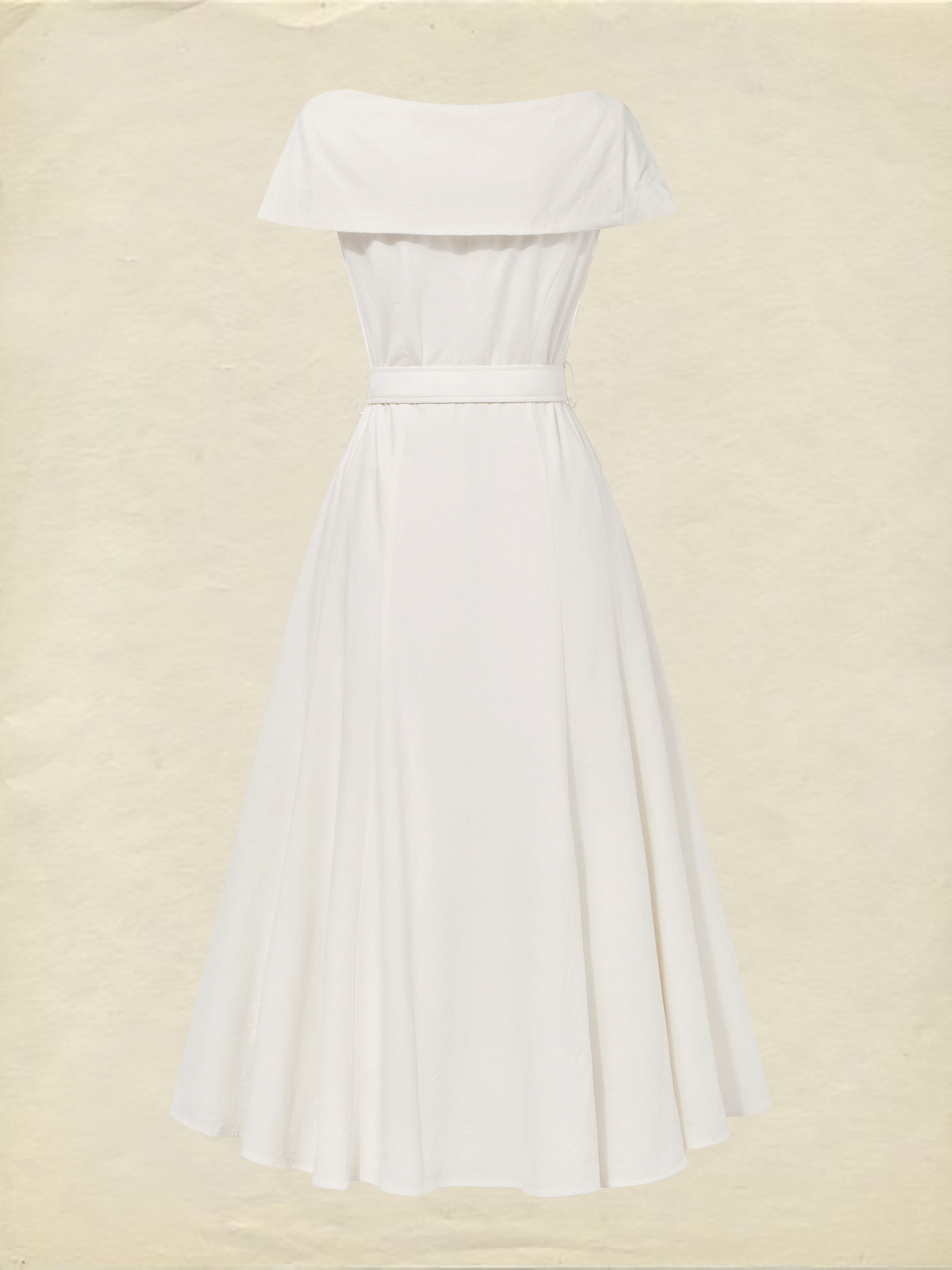 Midi Linen Dress, Short Sleeves, Shawl Collar, Plain, Button Design, French Vintage, White - White