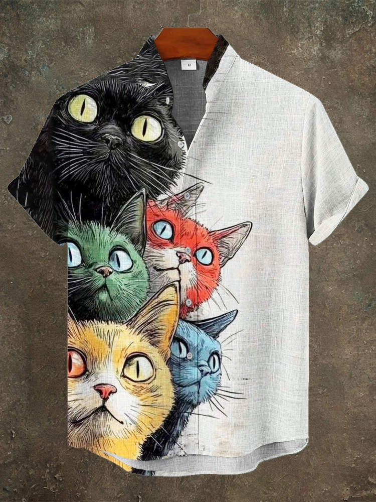Japanese Cat Print Men's Linen Short Sleeve Shirt - Light gray