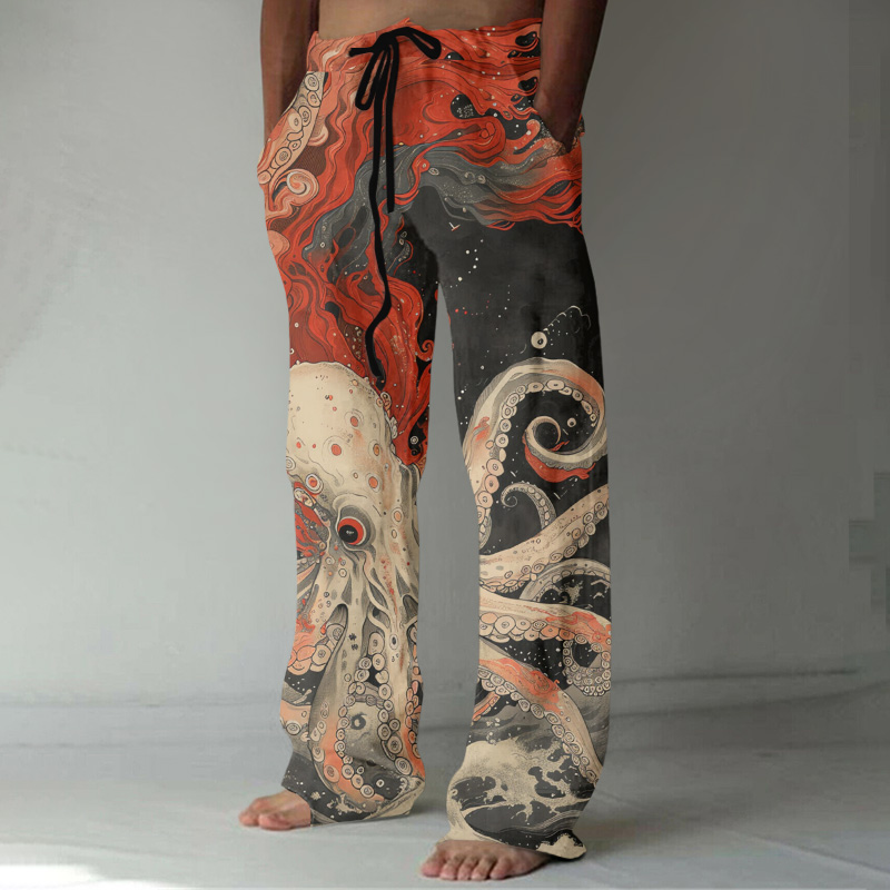 Vintage Japanese Art Octopus Print Linen Blend Casual Pants - Black