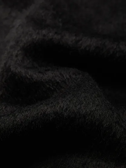 Wool Trench Coat, Long Sleeves, Lapel Collar, Plain, Button Design, Vintage, Black - Black