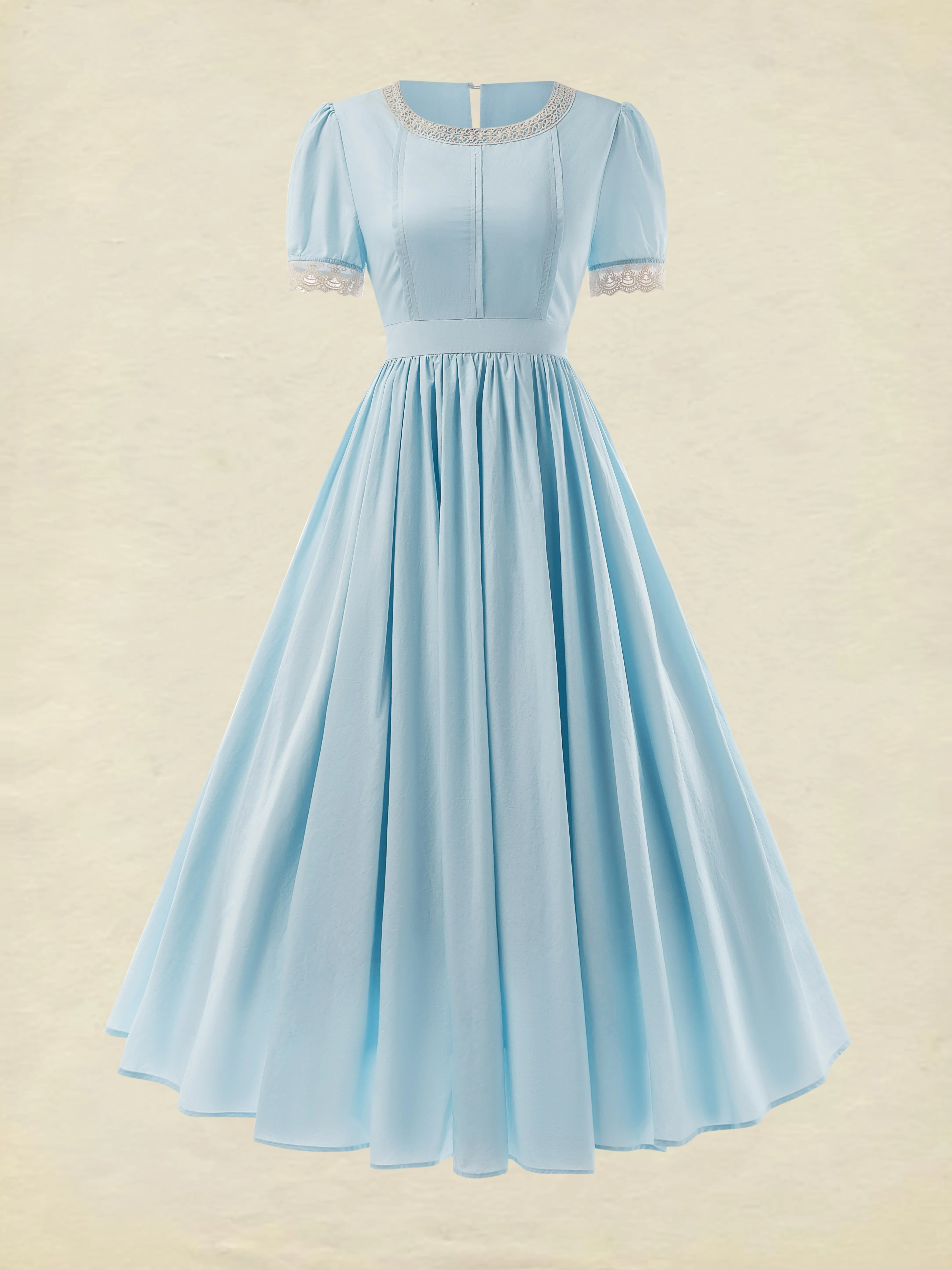 Cotton Maxi Dress, Vintage, Plain, Summer, Lace Collar, Short Sleeve, Blue - Sky Blue
