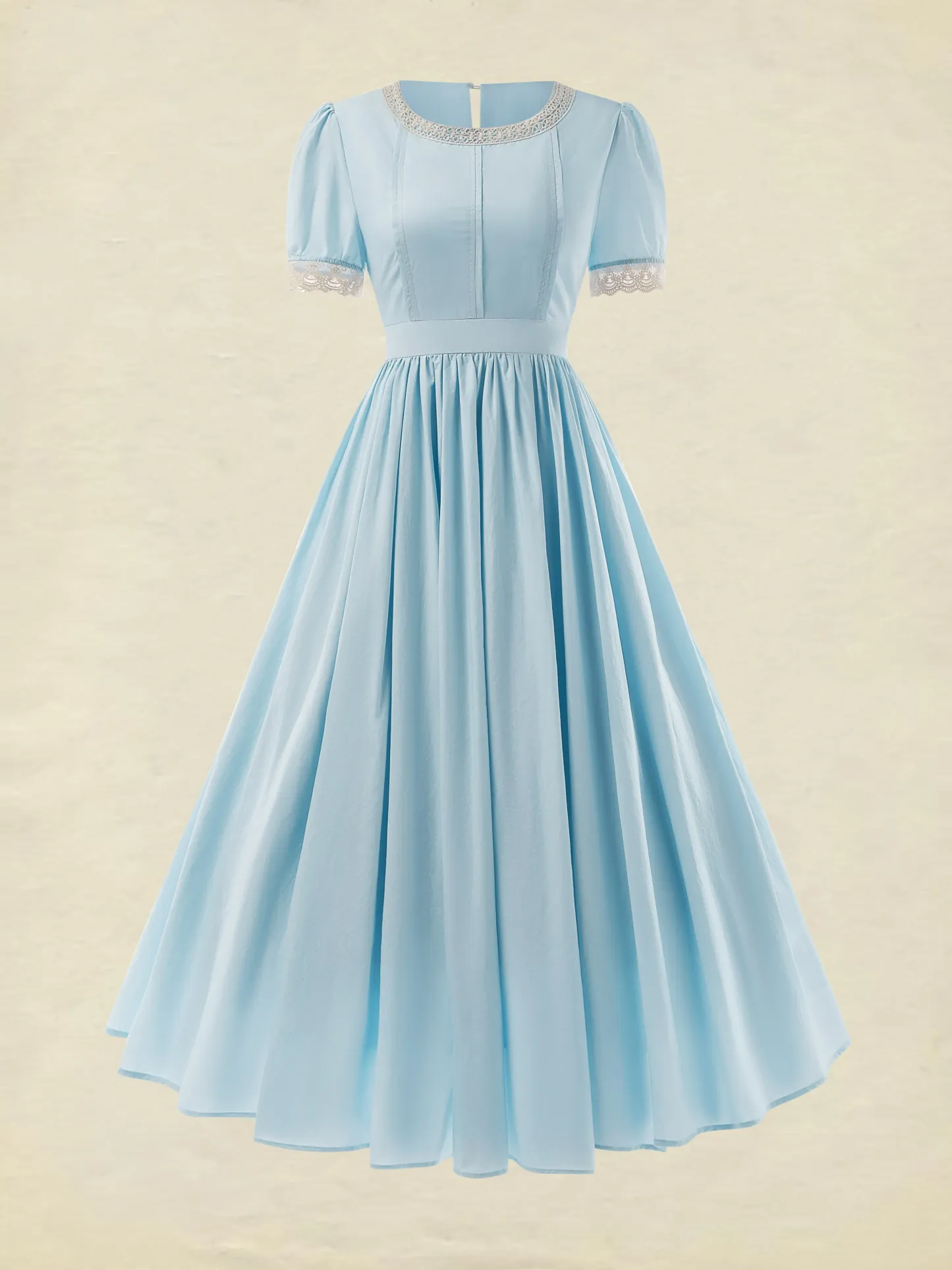Cotton Maxi Dress, Vintage, Plain, Summer, Lace Collar, Short Sleeve, Blue - Sky Blue
