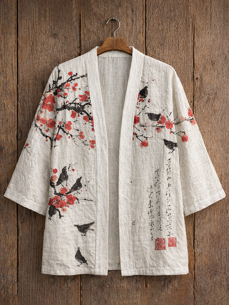 Men's Vintage Plum Blossoms Japanese Art Linen Blend Kimono Cardigan - White