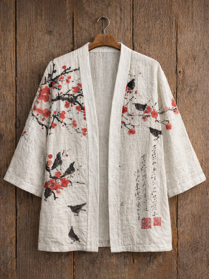 Men's Vintage Plum Blossoms Japanese Art Linen Blend Kimono Cardigan - White