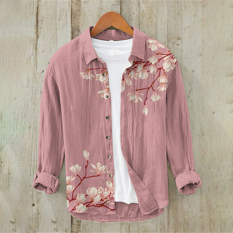 Men's Vintage Japanese Art Floral Casual Linen Blend Shirt - Blue