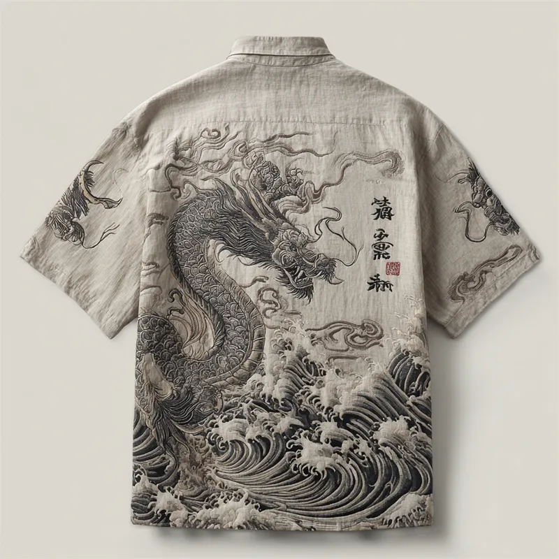 Japanese Dragon Sea Waves Ink Art Embroidered Linen Shirt - Grey