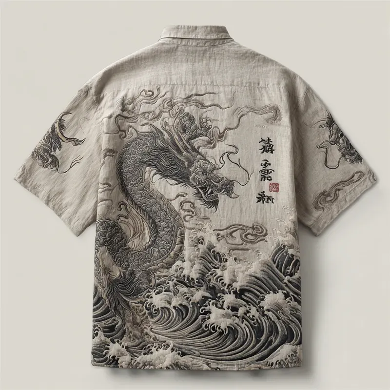Japanese Dragon Sea Waves Ink Art Embroidered Linen Shirt - Grey
